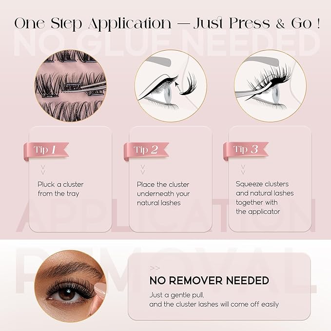 BEFER Self Adhesive Eyelashes Clusters, D Curl 10-16MM Pre Glued Lash Natural Look No Glue No Remover Needed Reusable Lashes Press on Eyelash Clusters Easy for Use DIY at Home(24-1,Air)