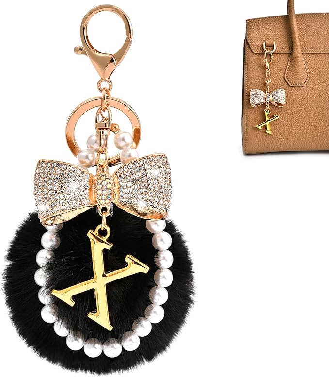 Gold Initial Keychain with Rhinestone Bow & Black Pom Pom, Cute Letter Bag Charm for Women Purse and Car Keys