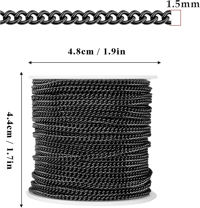 66FT Gunmetal Stainless Steel Curb Chains Roll, 1.5mm 304 Stainless Steel Black Flat Twisted Links Curb Chains Bulk Spool for Jewelry Making DIY Craft
