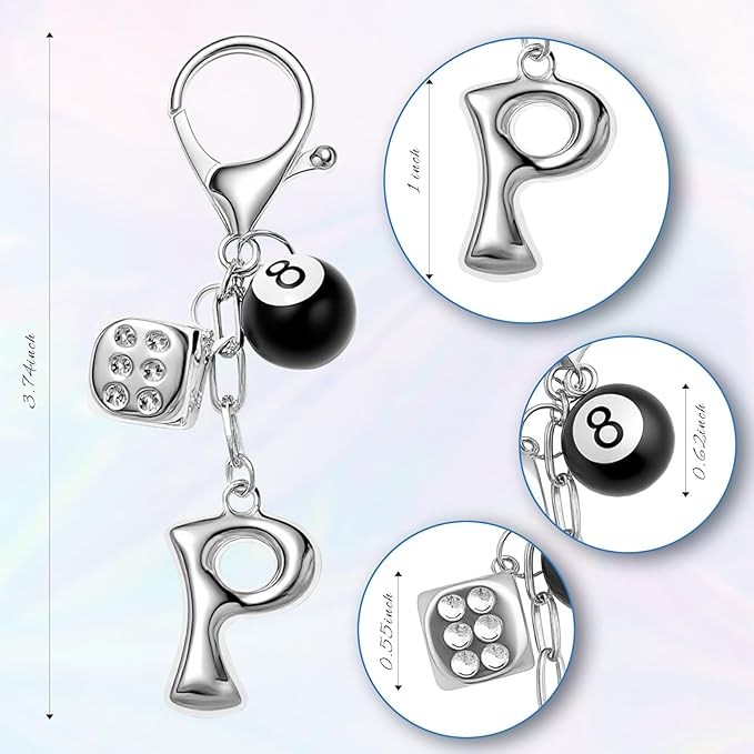 8 Ball Dice Keychain with Silver Bubble Initial - Y2K Aesthetic Cute Bag Purse Charms for Women