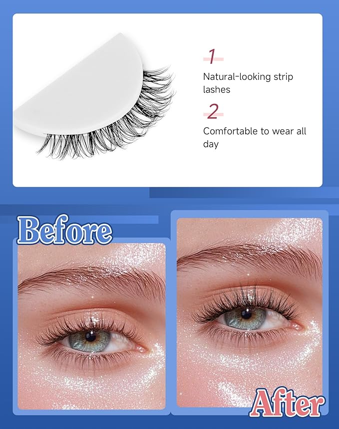 Clear Band Lashes Short Everyday Wispy False Eyelashes Natural Look Flared Strip Eyelash Small Lash Soft Fluffy Pack 7 Pairs C19