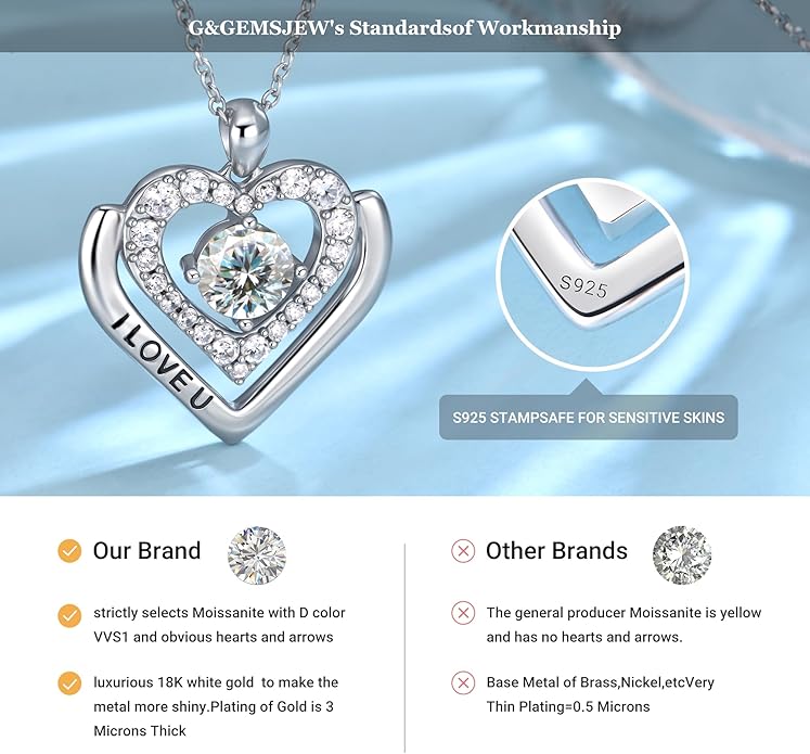 Moissanite Heart Necklaces for Women, Engraved 'I LOVE YOU' Gift for Women Girlfriend, Diamond Necklace for Women, 1-3 Carat Moissanite Necklace, Anniversary Valentines Birthday Gifts Present for Wife Women, Mom