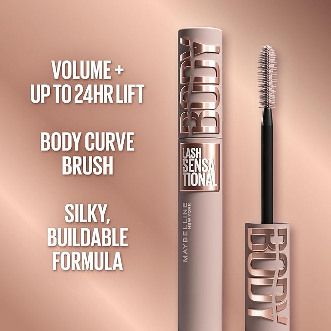 Maybelline Lash Sensational Body Waterproof Mascara, Volume and Length Formula for 24HR Lash Lift, Smudge and Clump-Resistant, Very Black