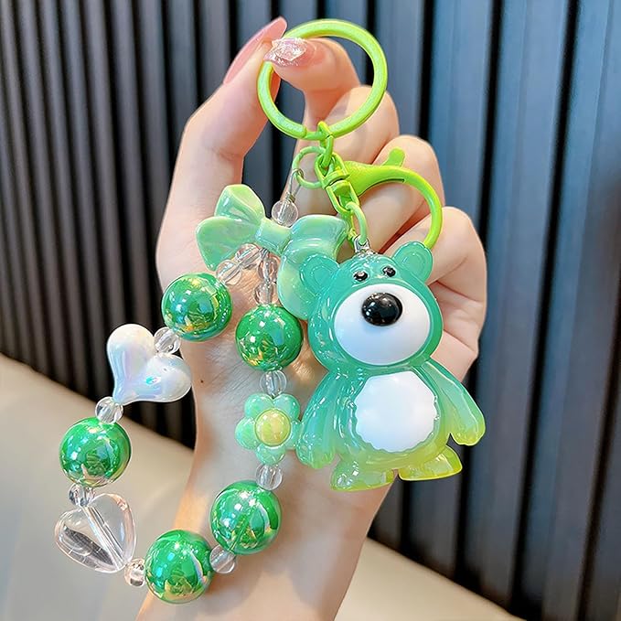 Bear Keychain For Women, Acrylic Bow Heart Flower Beaded Wristlet Gradient Color Colorful Gift Accessories