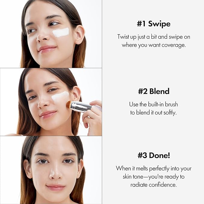 Blanc Cover Cream Stick V White - Korean Color-Changing Foundation Stick with Volufiline - Medium to Full Coverage Dewy Finish Base Makeup - Dual-Ended with Detachable Brush (203 Medium)