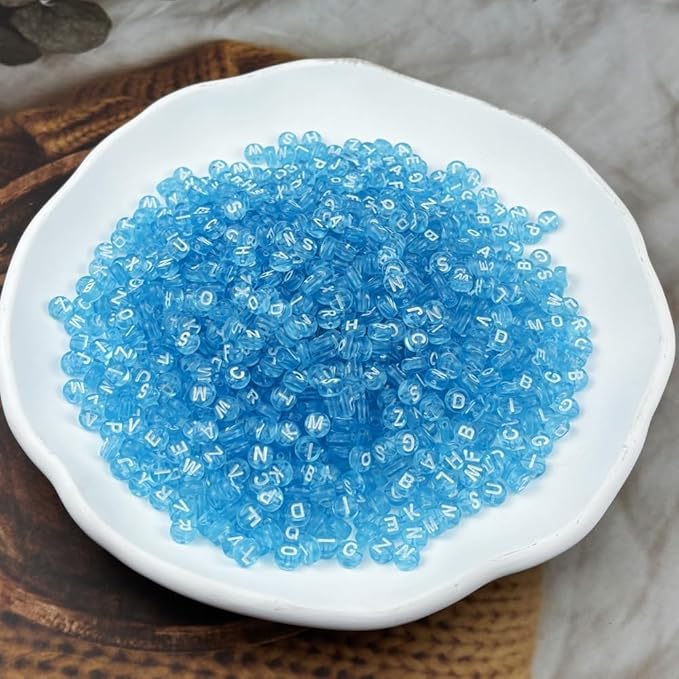 1000pcs Round Letter Beads 4x7mm Acrylic Alphabet Beads Spacer Beads for Jewelry Making Bracelets Necklace Earring Key Chains DIY Craft(H-White Letter Light Blue Bead)