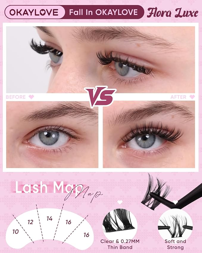 OKAYLOVE Natural Lash Clusters, Flora Luxe 8-18mm DIY Wispy Cluster Eyelash Extensions Kit, 132pcs CC Curl Black Cotton Band Individual Lashes with Lashes Bond and Seal, Remover, Lash Tweezers