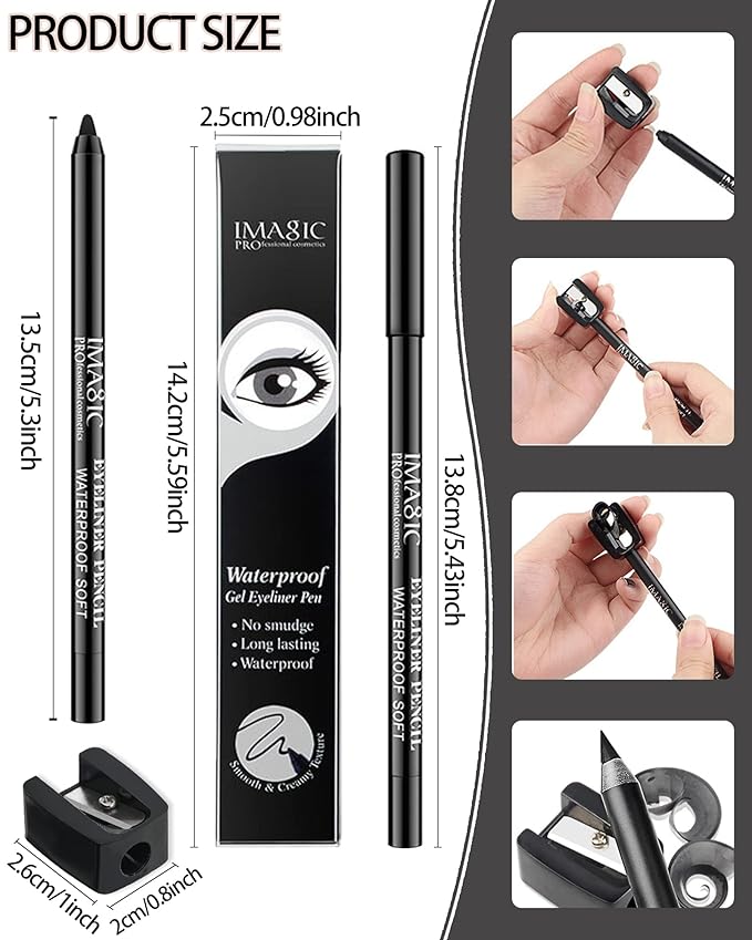 2Pcs Black Waterproof Smudge-proof Gel Eyeliner Pencil with Sharpener, Fade-Proof Eye Liner Pencil Smooth Water Line Pen,Thanksgiving Cat Eye/Smoky Eye Makeup Pen for Girls Mature Older Women