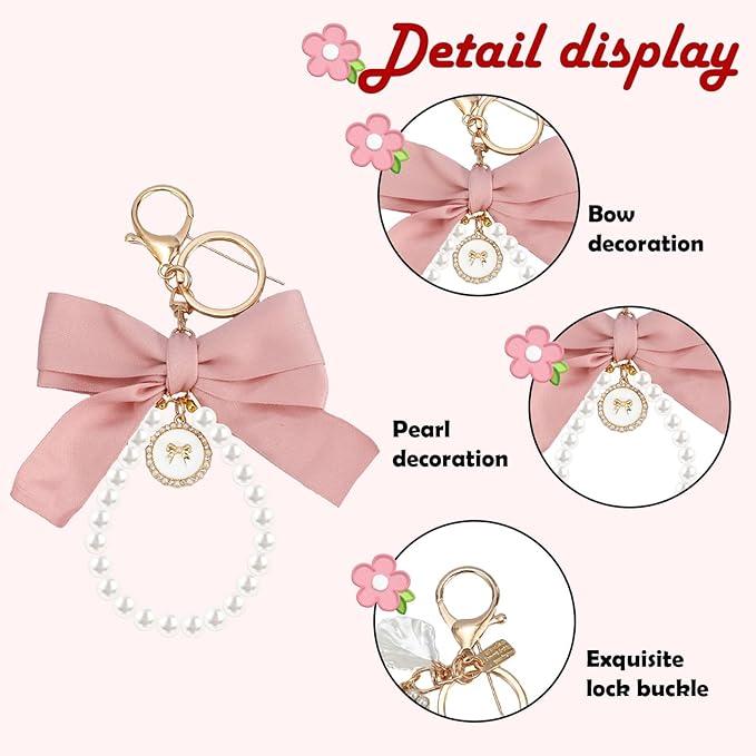 SMUOBT 2Pcs Cute Bow Keychain Wristlet for Women, Pearl Key Chains for Car Keys White Bowknot Keychain Accessories