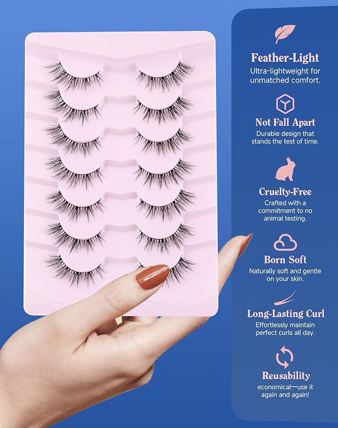 ENFOO Natural Cat Eye Lashes Strip False Eyelashes Natural Look Flared Manga Spiky Eyelash 7 Pairs 13MM D293
