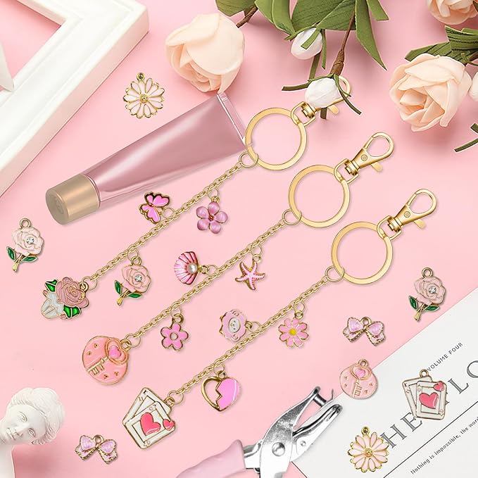 X-Kingsun 303Pcs DIY Lip Gloss Charms Keychain Kit 100 Pink Charms 20 Keychains 140 Jump Rings 20 Extender Chains 100 Hooks and Tools Bag Charm Kits for Jewelry Making Crafting