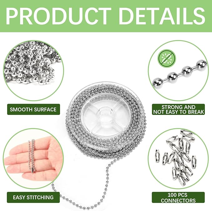 64 ft Ball Chain,for Beaded Dog Tag Chains,Charms for Jewelry Making Bulk,for Crafts Pull Chain Extension,Silver Nickel Plated Metal 2.4mm Balls,100 pcs Ball Chains connectors