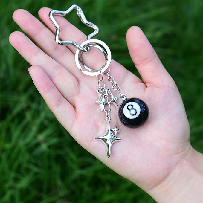 8 Ball Keychain Silver Star Key Chain Bottle Opener Dice Cute Bag Charm Decor for Handbag Backpack Gift for Him Her