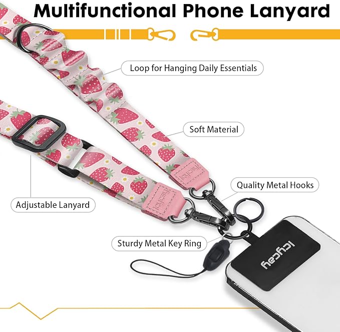 Phone Lanyard Crossbody, Cute Strawberry Cell Phone Strap for Around The Neck Adjustable, Anti Theft Lanyard for iPhone Case ID Holder Keys Accessories Travel Essential