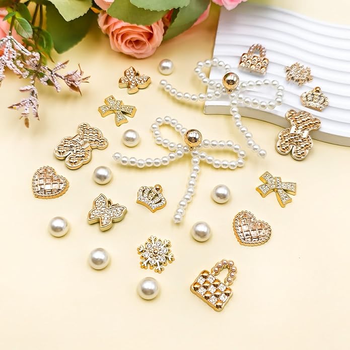 24Pcs Bling Pearl Bow Shoe Charms for Clog Sandals Women, Bear, Flower, Pearl Accessories, DIY Shoe Decoration Charms for Girls