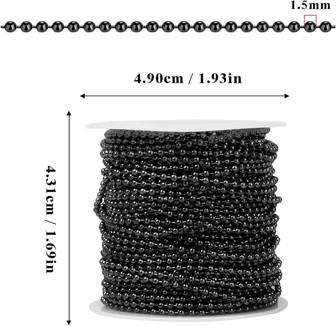 [50 Feet] Black Stainless Steel Ball Bead Chains Roll, 304 Stainless Steel Ball Chains Spool with 30 PCS Connectors Bulk for Jewelry Making