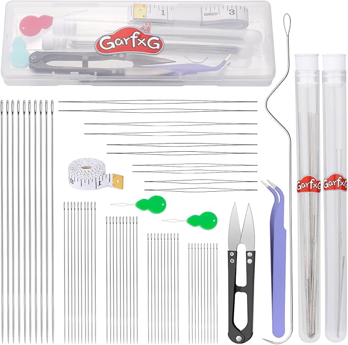 GarfxG Beading Needle Set, 50 PCS Straight Seed Beading Needles, 10 PCS Collapsible Big Eye Beading Needles w Curved Bead Spinner Needles for Jewelry Making, Bead & Sequin Embroidery Crafting DIY