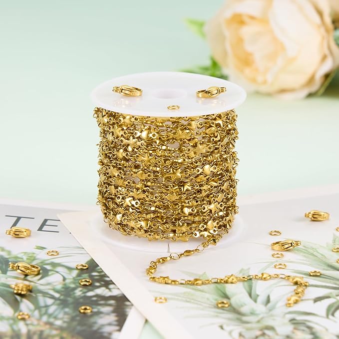 UMAOKANG 13 Feet Gold Plated Chain for Jewelry Making Stainless Steel Star Heart Chain on Spool with Jump Rings and Lobster Clasps