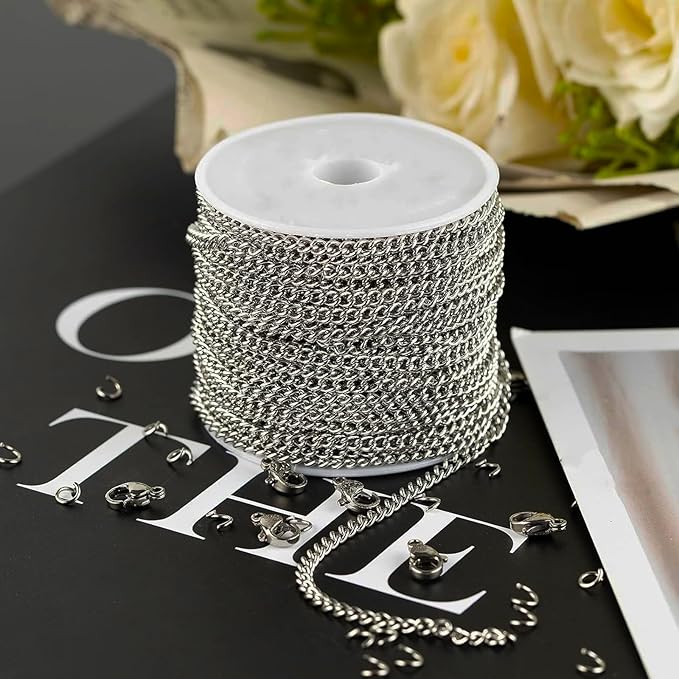 55ft Silver Stainless Steel Curb Chain for Jewelry Making,Twisted Link Chains with Spool for Necklace Bracelet,100 Pcs Jump Rings and Lobster Clasps DIY Supplies for Dog Tag,Keychain(2.8x2.2x0.6mm)