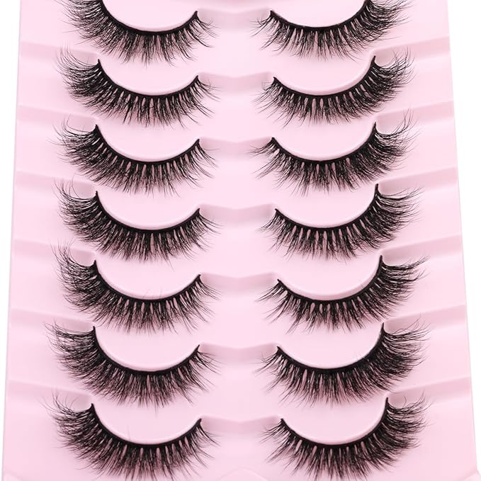 Lashes Natural Look Faux Mink Lashes Wispy Eyelashes Short Natural False Lashes Cat Eye 6D Volume Strip Lashes Pack 7 Pairs