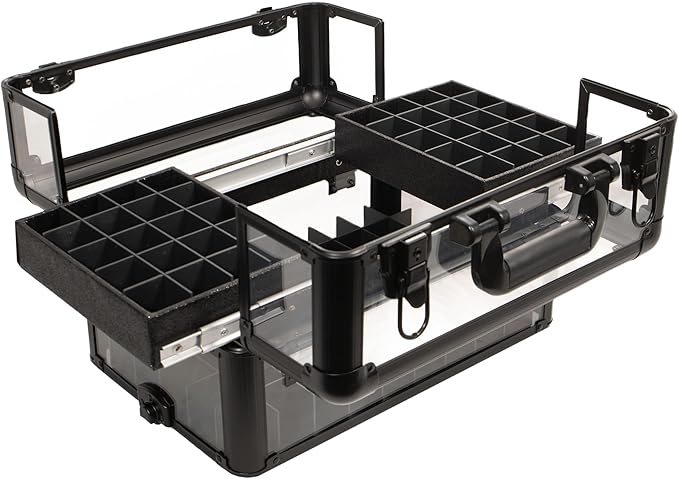 Ver Beauty Professional Armored Clear Acrylic Makeup Nail Tech Case with 2 Sliding Trays and Removable Dividers for Nail Polish Organizer Lockable Portable Travel Cosmetic Display Aluminum Case