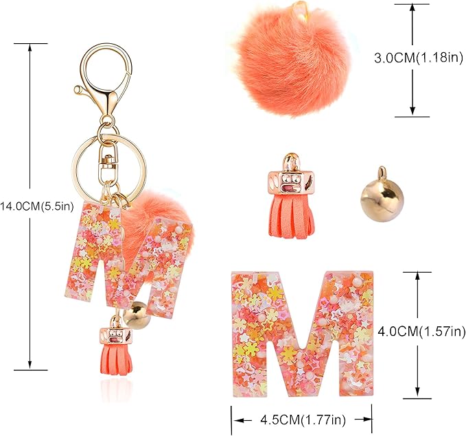 Resin Alphabet Initial Letter Keychain Keyring for Women Purse Handbags With Fur Ball Pom