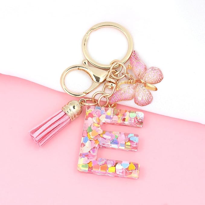 Fashion Alphabet Initial Letter Keychain Tassel Butterfly Pendant Key Ring for Purse Handbags Women Girl