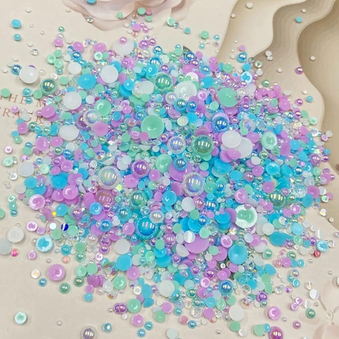 100g Mix Resin Rhinestones Flatback Half Round Pearls Mixed Size 3mm-10mm AB Color Half Pearls Resin Rhinestones for DIY Craft Nail Art Shoes Clothes Phone Case (Purple/Blue/Green Series)