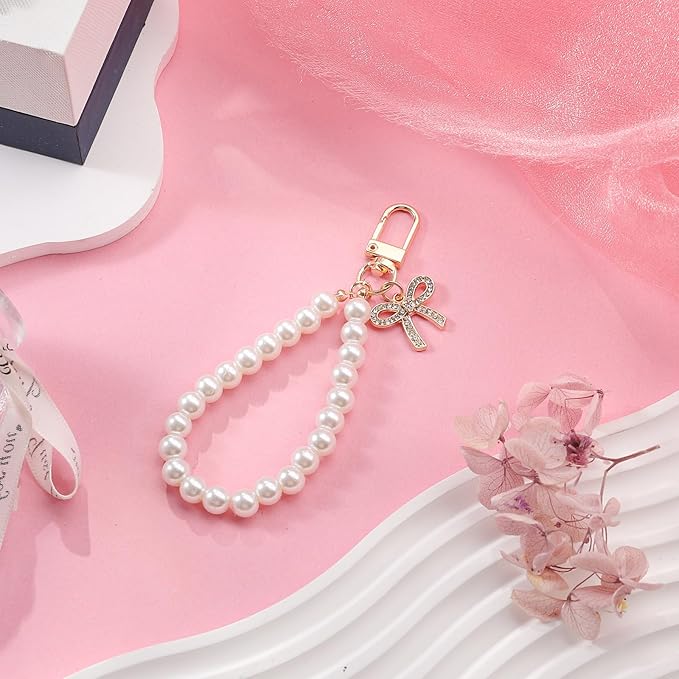 2Pcs Cute Bow Keychain for Women,Purse Charms Bow Bag Charms for Handbag, Pearl Keychain Accessories for Car