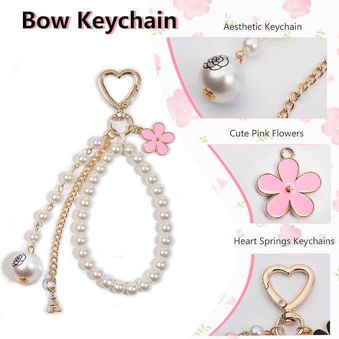 2pcs Bow Keychain, Cute Keychain, Wristlet Keychain, Ribbon Keychain Pearl Bag Charm for Purse Handbags Backpack