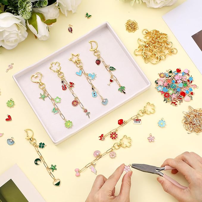 Tondiamo 241 Pcs Gold Keychain Making Kit Bulk Bag Charm Kit 100 Charms 20 Heart Shaped Star Shape Swivel Spring Clasps 100 Jump Ring 20 Extender Chain Jewelry Plier for DIY Craft Supplies Gift