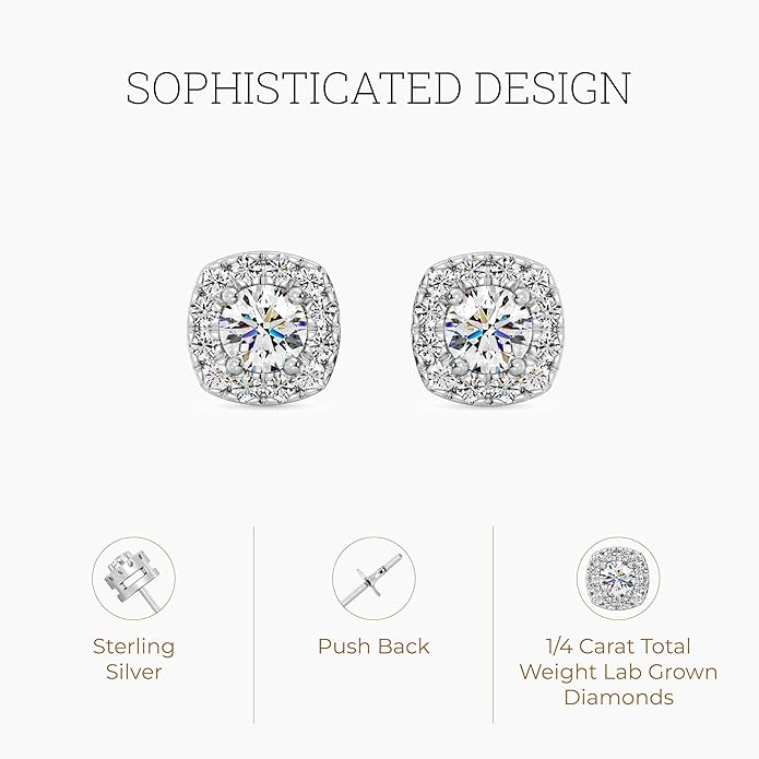 Gilded Lab-Grown Diamond Sterling Silver and 14KT Yellow Gold Plated Silver Stud Earrings for Women | Cushion Halo Shaped Studs | Hypoallergenic Fine Jewelry | Prong Setting, Push Back Nut | SI1 Clarity, F Color 1/4, 1/2, ,1 Carat Total Weight