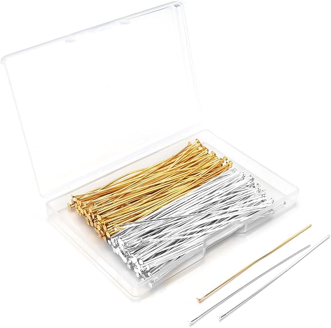 200 Pcs 70mm/2.76 Inch 21 Gauge Head Pins for Jewelry Making Straight Eye Ball Pin for DIY Christmas Styles Craft Earring Bracelet Necklace Pendant Making (Head Pins,Silver & Gold Color)