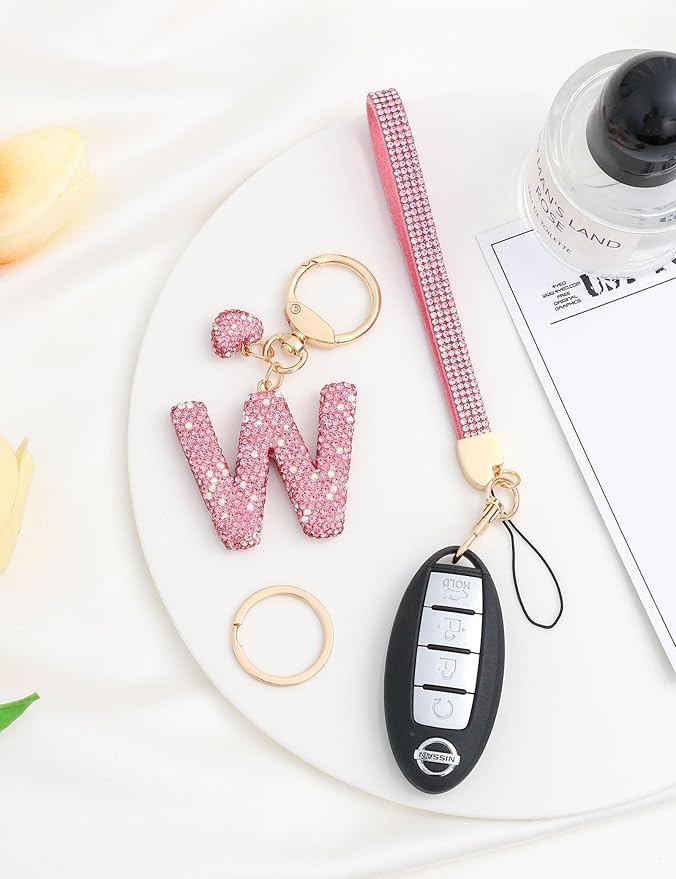 Initial Keychain for Women Girls,Bling Letter Key chain Initial with Heart,Pink Keychain Charms for Backpack Handbag