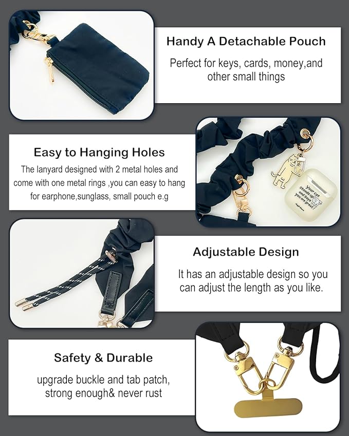 Phone Lanyard Crossbody with Hanging Loops, Clip and Go Strap for Phone with Zipper Wallet, Adjustable Elastic Phone Strap