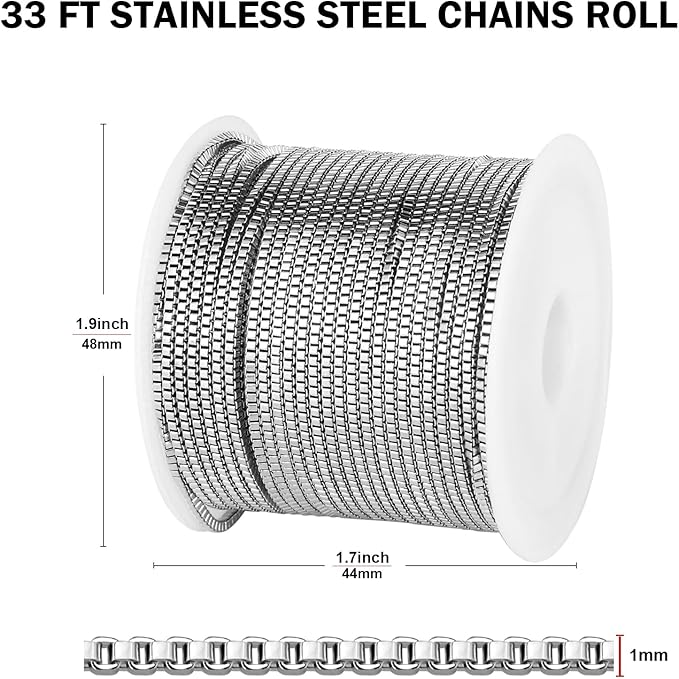 33FT Stainless Steel Box Chain for Jewelry Making 1MM Silver Square Box Link Chain Roll Bulk for DIY Crafts Jewelry Making