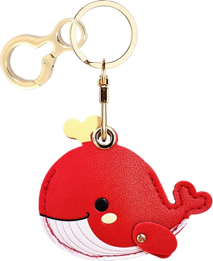 Leather Keychain Holder Case Compatible with AirTag,Cute Protective Cover with Keyring,Anti-Scratch Finder GPS Tracker Case for Wallet Keys,Bag,Pets(Whale Red)