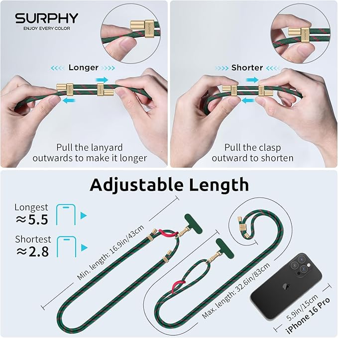 SURPHY Phone Lanyard Crossbody, Adjustable Cell Phone Lanyard with 2 Pack Phone Tether Tab, Two-Color Braided Phone Strap (Christmas Green)