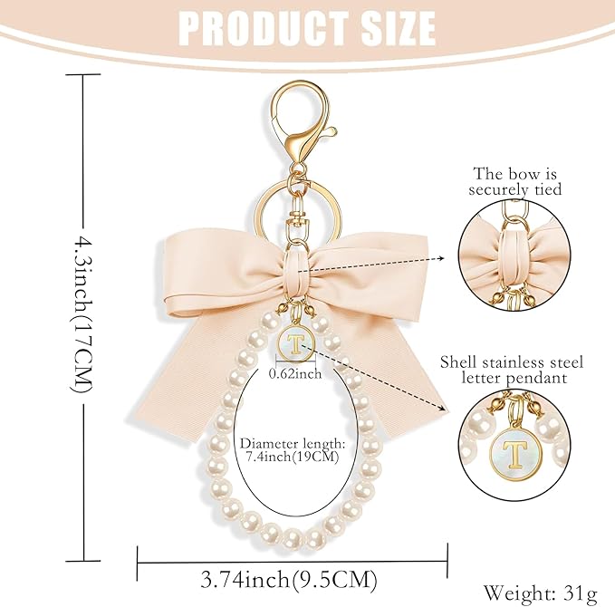 XGALBLA Initial Letter Cute Coquette Bow Keychain for Women, Wristlet Simulated Pearl Keychains Bag Charms for Handbags