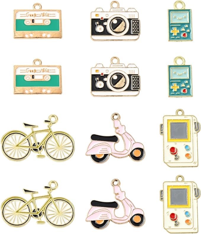 Stiesy 30 Pcs 3 Styles Enamel Vintage Charms Retro Bicycle Motorbike Camera Game Machine Metal Charm Bulk for Jewelry Making Crafts Bracelets Necklace Earring DIY Presents