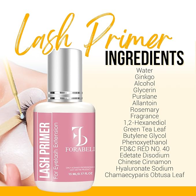 Forabeli Lash Primer for Eyelash Extensions 15ml, Boost Adhesion, Improve Bond Retention, Ideal for Individual and Natural Eyelashes, Supplies for Semi-Permanent Lashes, Removes Oils and Proteins