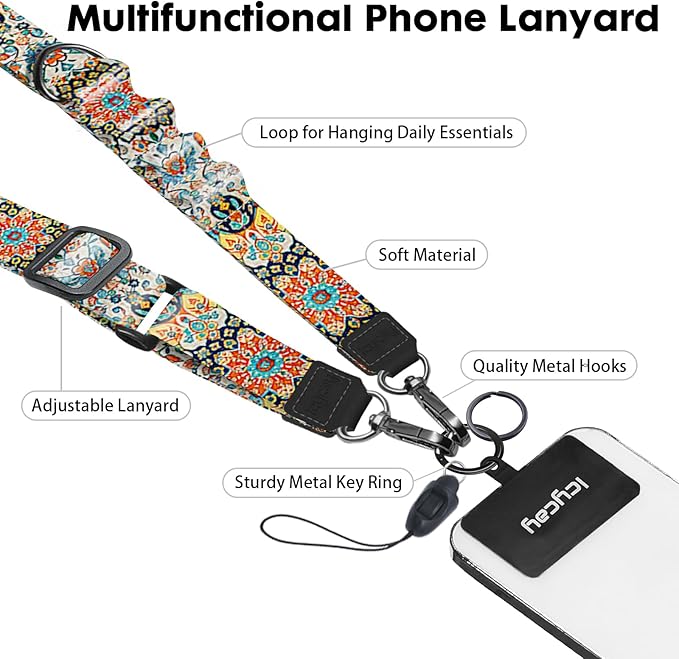 Phone Lanyard Crossbody, Boho Cell Phone Strap for Around The Neck Adjustable, Anti Theft Cute Lanyard for iPhone Case ID Holder Keys Accessories Travel Essential