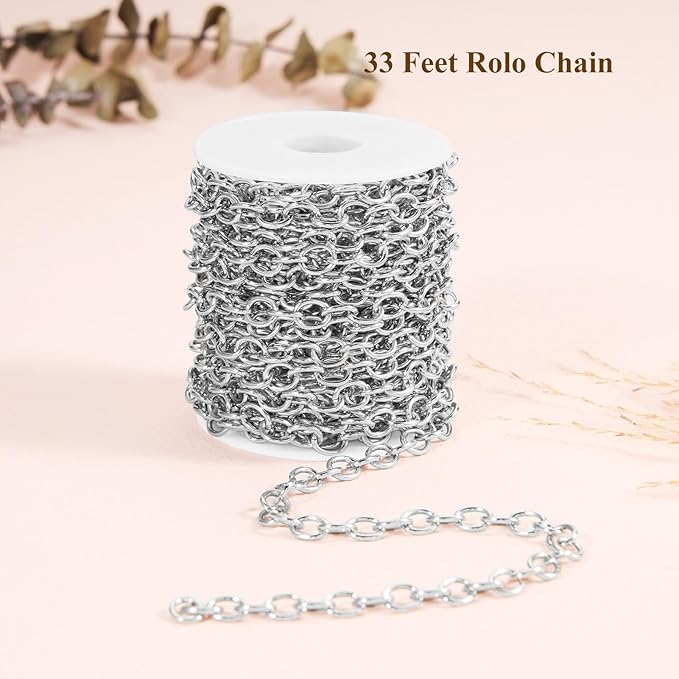 BORUINIE Silver Chain for Jewelry Making 33 Feet Aluminum Rolo Cable Chains Bulk for Bracelet Necklace Jewelry Making