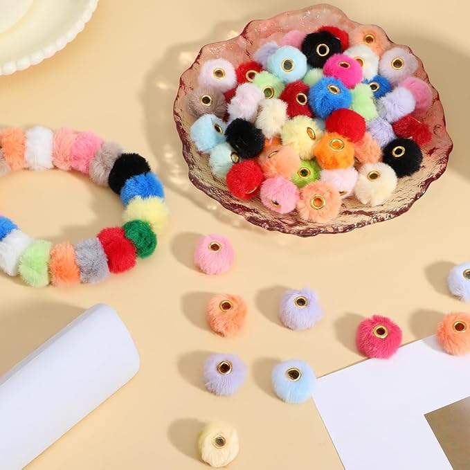 300 Pcs Fluffy Faux Fur Pom Pom Beads, 30 Colors Soft Fuzzy Craft Beads for DIY Jewelry, Keychains, Pens and Handicrafts Accessories