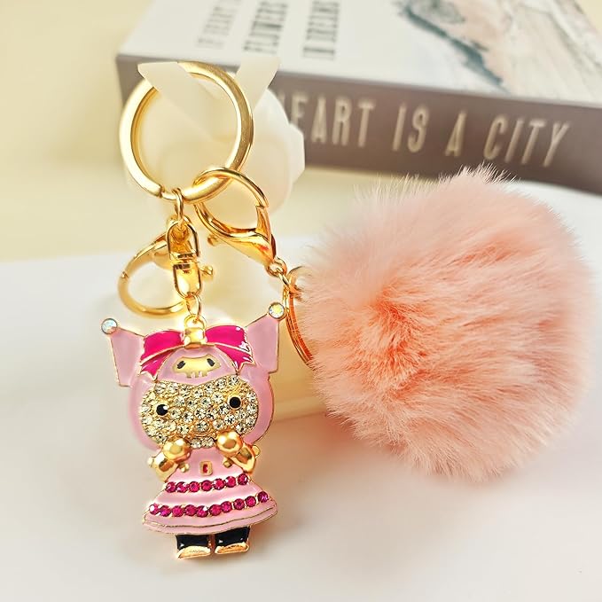 Cute Keychain for Women with Braided Rope, PomPom and Sparkling Rhinestones - Kawaii Charm for Kinds of Bags