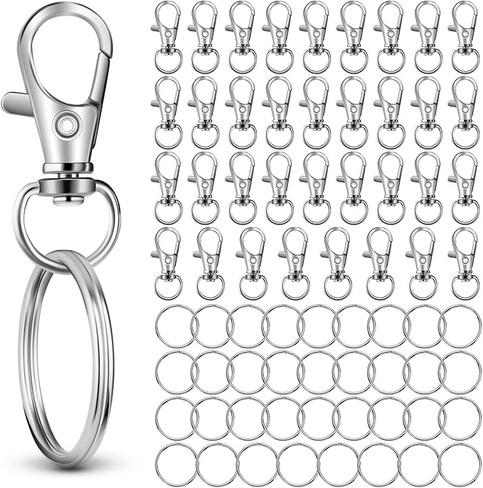70PCS in 35 Sets, Swivel Lobster Claw Clasps, Key Chain Hooks and Large Key Ring, Premium Keychain Clips with Key Rings, Snap Hooks for Making Kit, Jewelry Crafts, HnoaTovy (Silver)