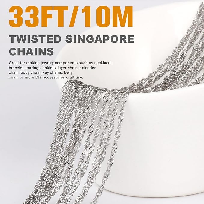 33 Feet Stainless Steel Singapore Chains Roll, 1.7mm Width 304 Stainless Steel Twisted Link Chain Bulk Spool for Jewelry Making DIY Craft