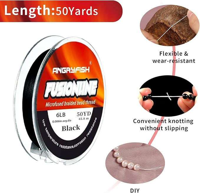 ANGRYFISH Fusionline Beading Thread - High Tensile Non-Stretch Stringing Line for Bracelet Making, Jewelry Design & Bead Weaving, Micro-Fused Braided Craft Thread, Black Color(6lb,0.006in-50yd)