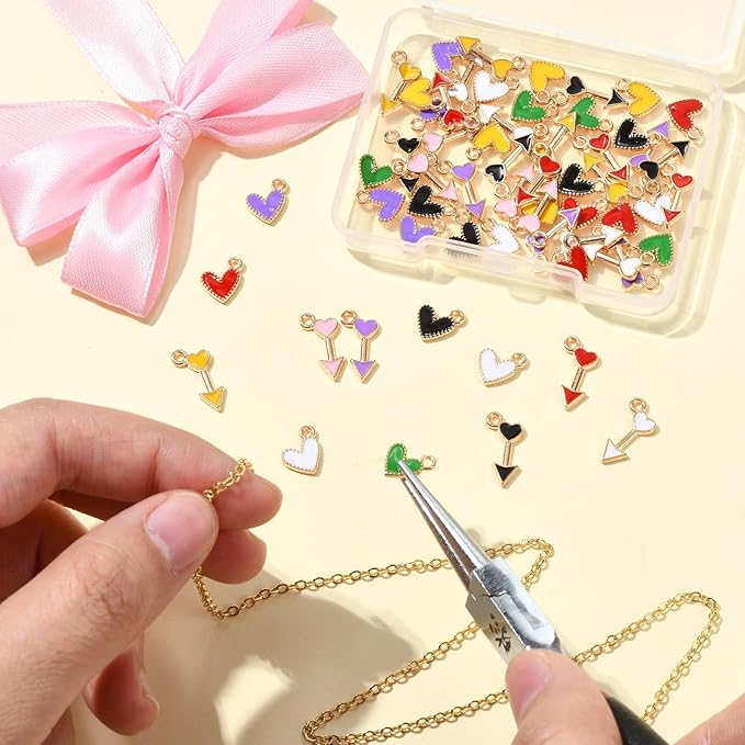 Stiesy 60 Pcs 12 Styles Romantic Enamel Heart & Arrow Charms Alloy Golden Dangle Pendants Charms Bulk For Women Jewelry Making Earrings Necklace Bracelets DIY Crafts Supplies