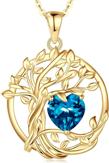 FANCIME Tree of life Birthstone necklace Sterling Silver Pendant Birthstone Necklace Gemstone Anniversary Birthday Jewelry Christmas Gifts for Mom Her Wife